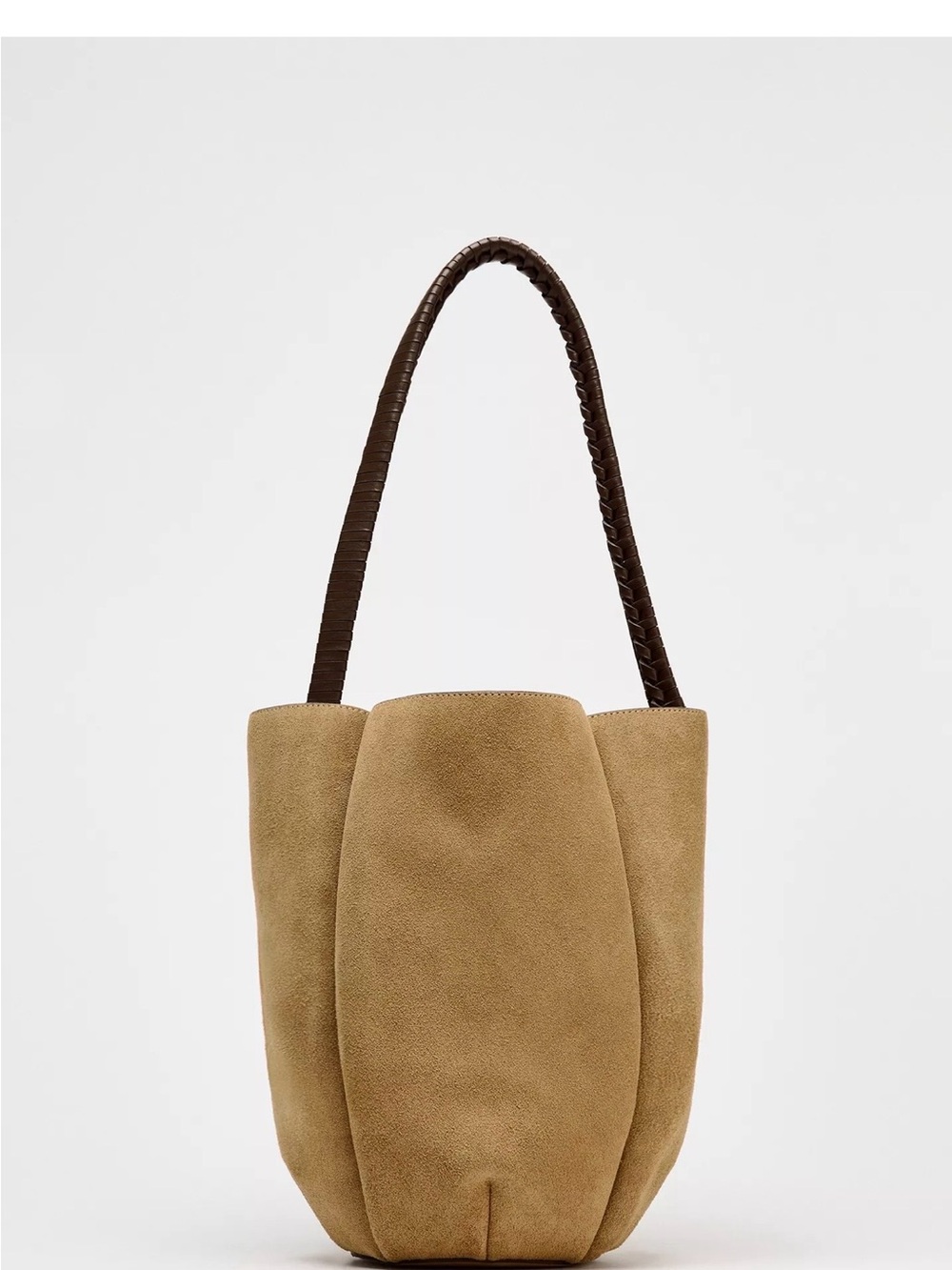 Zara Tan Suede Bucket Bag with Dark Brown Handle
